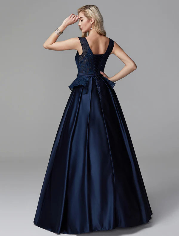 Luolandi Ball Gown Peplum Quinceanera Formal Evening Dress V Neck Sleeveless Floor Length Lace with Bow(s) Beading Mother of the Bride Dress