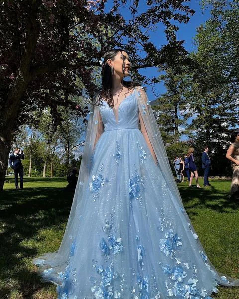 Luolandi Sparkly Tulle Blue V Neck Cheap Prom Dresses 3D Flowers with Cape Beautiful