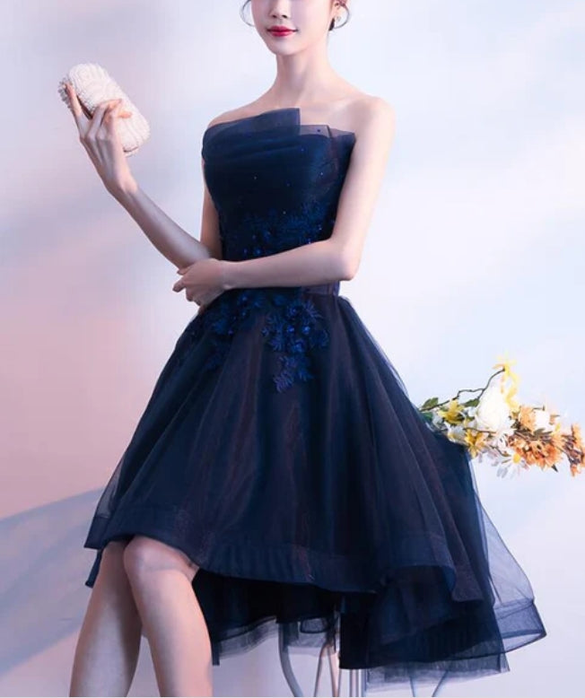 Luolandi Charming Navy Blue High Low Party Dress Lace Applique Prom Dress Off Shoulder Homecoming Dress Cocktail Dress