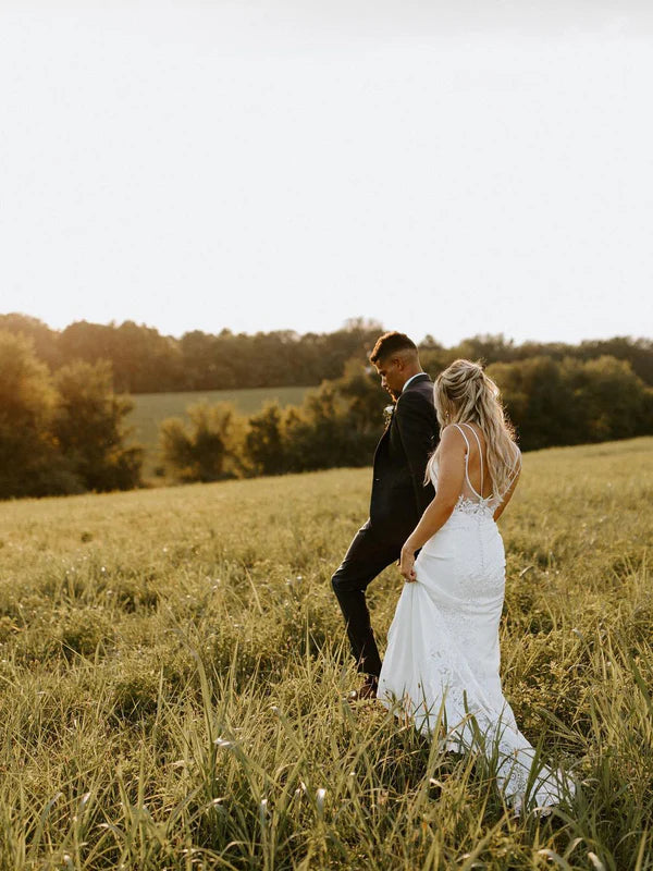 Luolandi Modern Satin Dual Shoulder Straps Neckline Sweep Train Wedding Dresses With Appliques Elegant