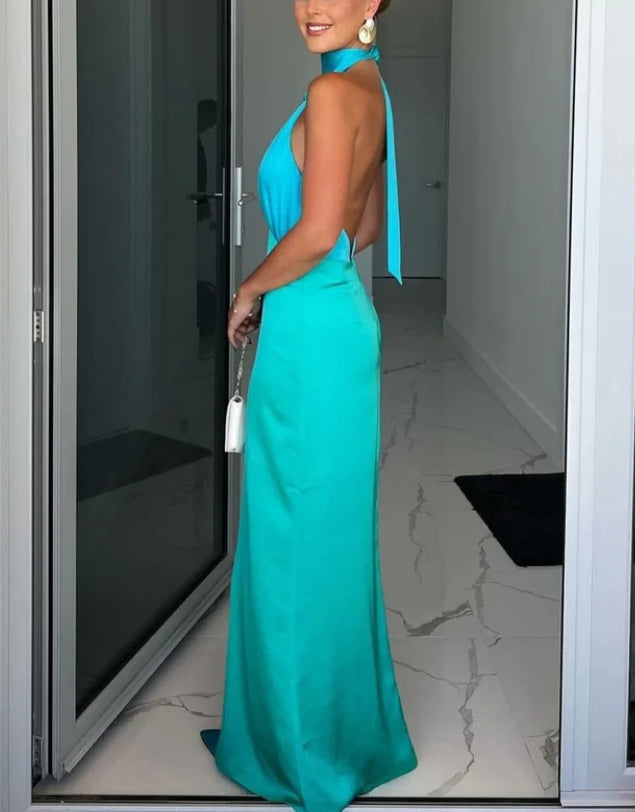 Luolandi Chic V Neck Backless Satin Elegant Long Dress Wedding Guest Dress Sexy Party Dress