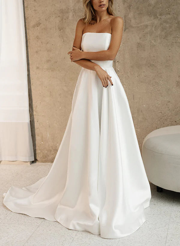 Luolandi Elegant Satin Wedding Dresses With A-Line Silhouette Strapless Design Sleeveless Style And Sweep Train Off Shoulder Simple