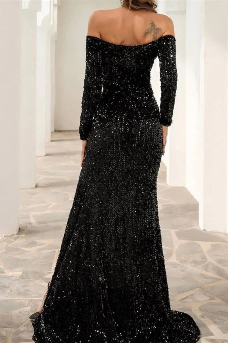 Luolandi Sexy Off The Shoulder Black Sequined Front-Split Prom Dresses With Long Sleeves Sparkly Evening Dress