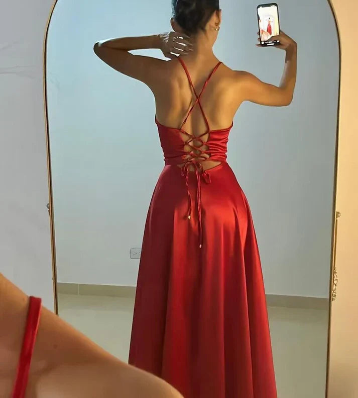 Luolandi Charming Red A-Line Satin Long Party Dress with Slit Sexy Evening Dress