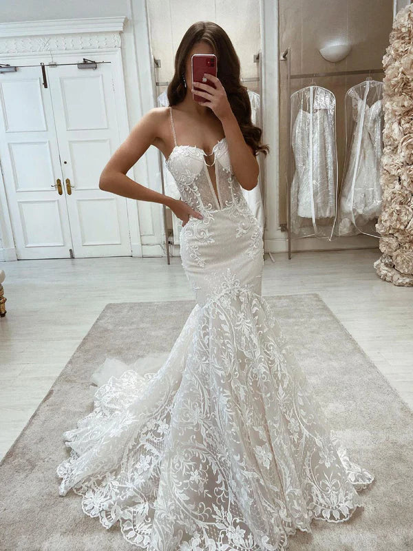 Luolandi Charming Spaghetti Straps Mermaid Wedding Dresses Lace Appliqued Gowns Beautiful