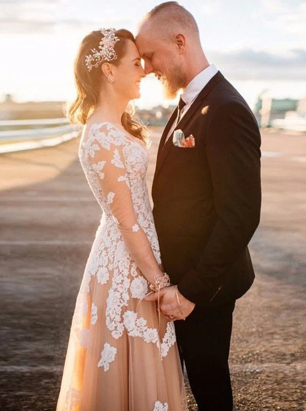 Luolandi Modest Tulle Scoop Neckline Long Sleeves A-line Wedding Dresses With Appliques Beautiful