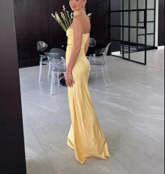 Luolandi Light Blue Strapless Satin Simple Long Prom Dress Yellow Off Shoulder Sexy Party Dress
