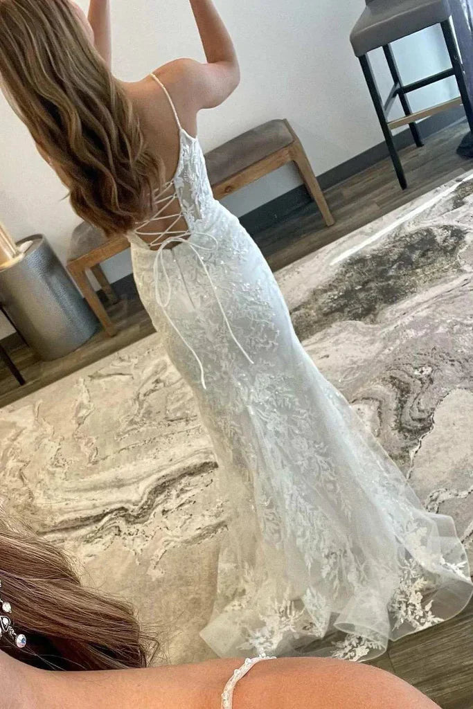 Luolandi Tulle Lace Appliques Mermaid Long Prom Dress Light Wedding Dress Charming