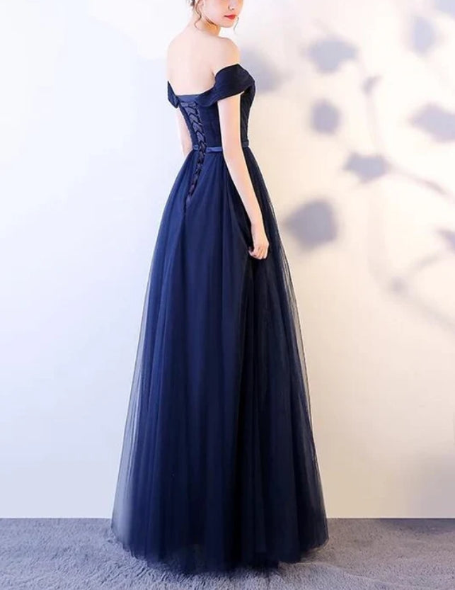 Luolandi Charming Navy Blue Tulle A-line Prom Dress Off Shoulder Bridesmaid Dress Elegant Evening Dress