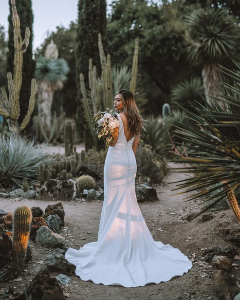 Luolandi Mermaid V Neck Satin Long Wedding Dresses with Train Open Back Beautiful