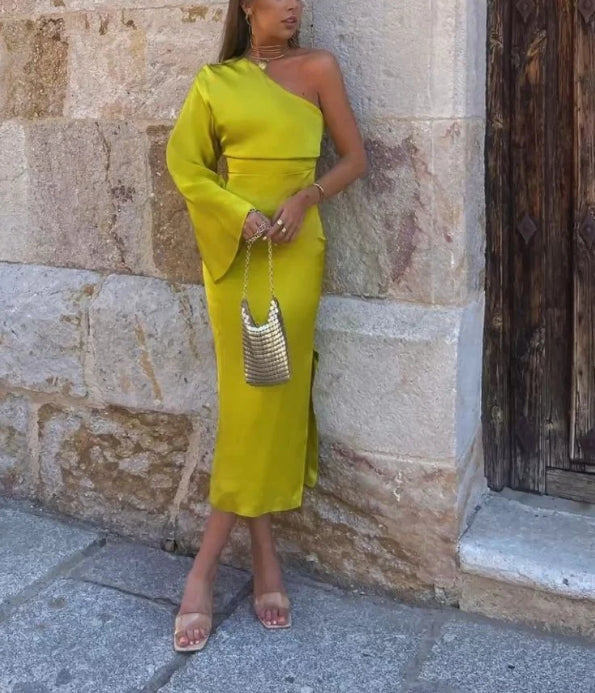 Luolandi Yellow Green One Shoulder Party Dress with Slit Elegant Evening Dress Formal Dress