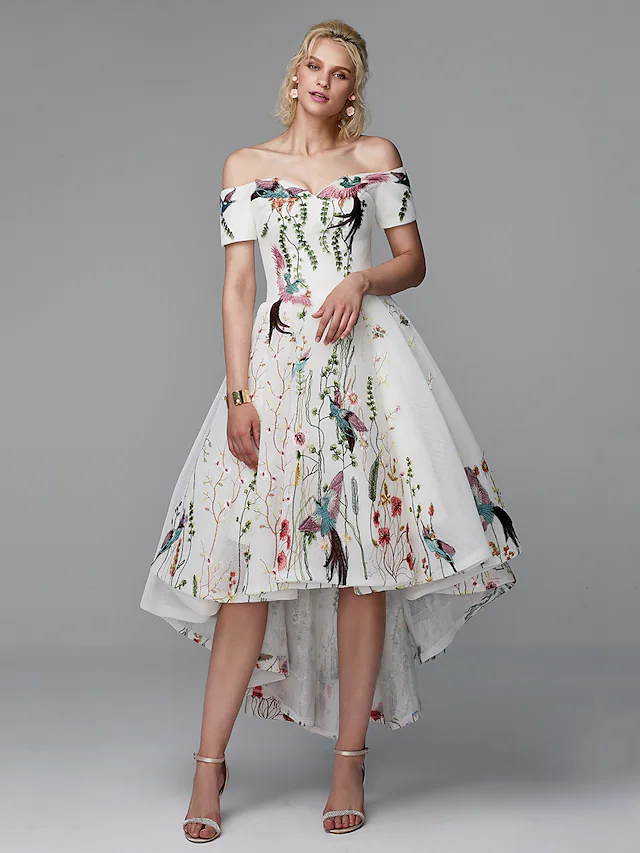 Luolandi Ball Gown Elegant Floral High Low Cocktail Party Prom Valentine's Day Dress Off Shoulder Short Sleeve Asymmetrical Polyester