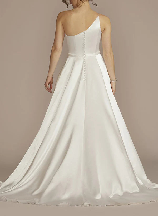 Luolandi A-Line One-Shoulder Sleeveless Sweep Train Silk Like Satin Wedding Dresses Simple Elegant