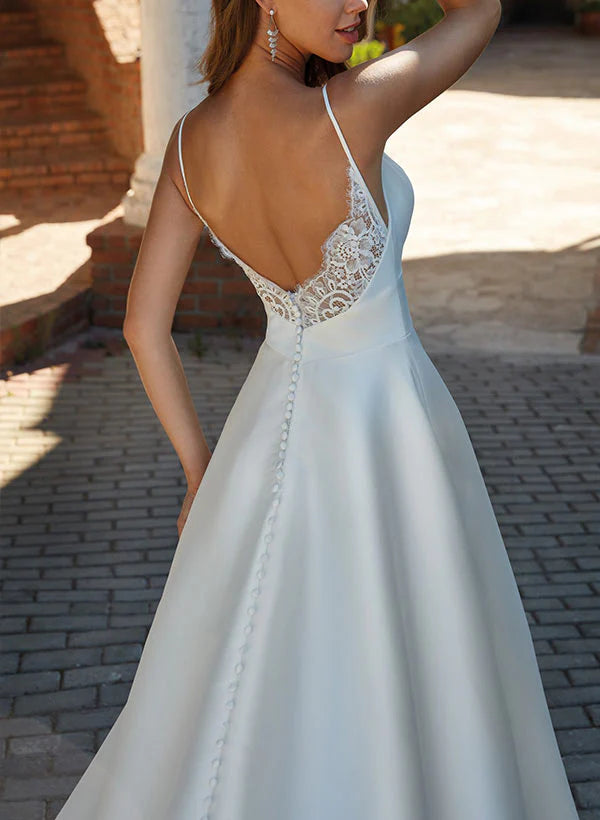 Luolandi Satin Wedding Dress With Lace A Line V-neck Sleeveless Floor Length With Pockets Simple