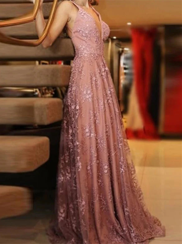 Luolandi Glamorous Lace Prom Dresses A-line Backless Appliqued Gowns Sexy Evening Dress