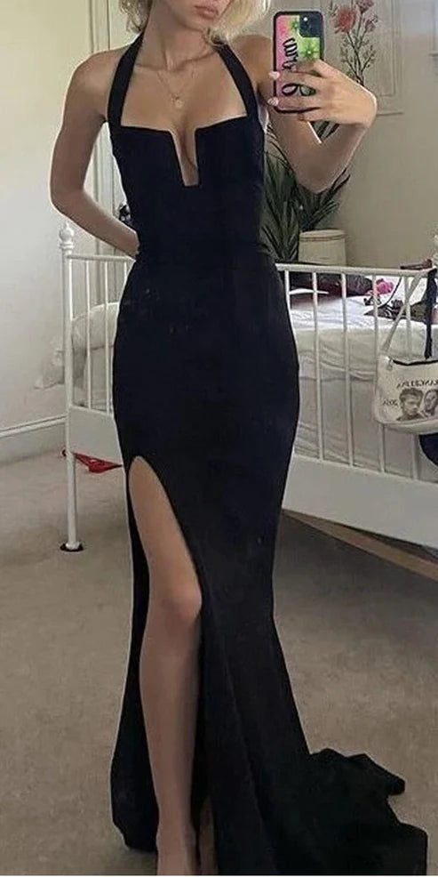 Luolandi Sexy Black Halter Mermaid Long Evening Party Dress with Split Formal Dress