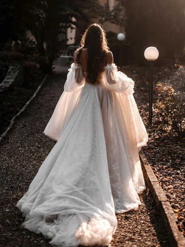 Luolandi Sweet Lace Long Sleeves Chapel Train A-line Wedding Dresses Off Shoulder Floor Length Elegant