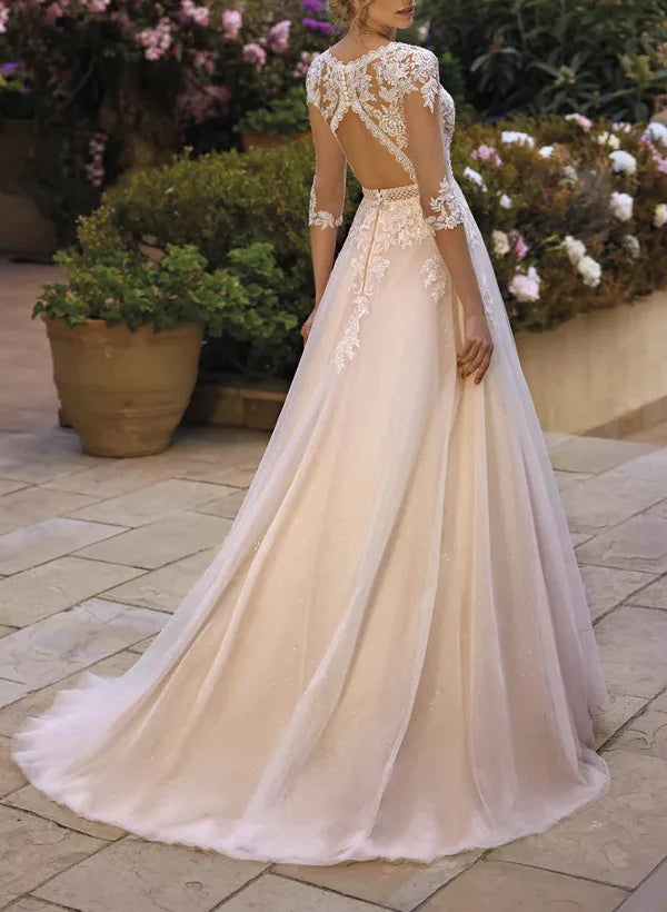 Luolandi A-Line V-Neck Wedding Dresses With 3/4 Sleeves Lace/Tulle Appliques Lace/Back Hole Elegant