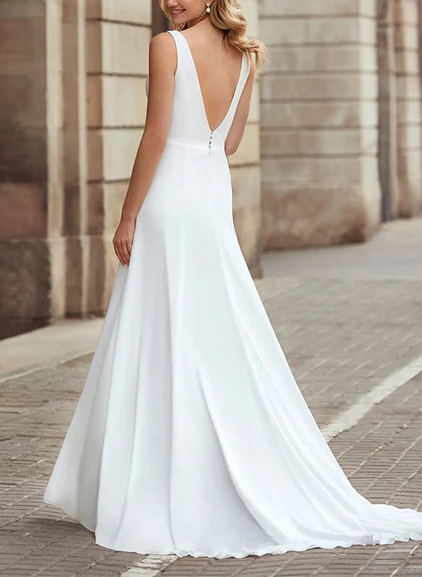 Luolandi A-Line V-Neck Sleeveless Satin Wedding Dresses With Front Split Solid Color Simple Formal Dress