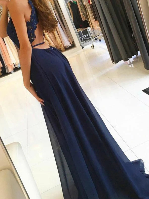 Luolandi Unique Jewel Chiffon Prom Dresses A-line Appliqued Gowns Elegant Evening Dress With Slit