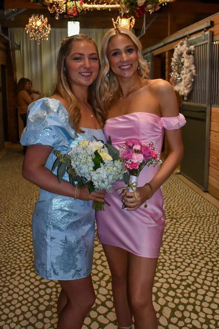 Luolandi Off Shoulder Sheath Satin Pink Homecoming Dress Birthday Outfits Party Dress Formal Dress