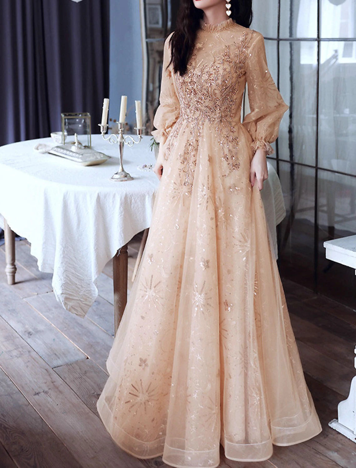 Luolandi A-Line Glittering Elegant Engagement Formal Evening Dress High Neck Long Sleeves Charming Long Prom Dress