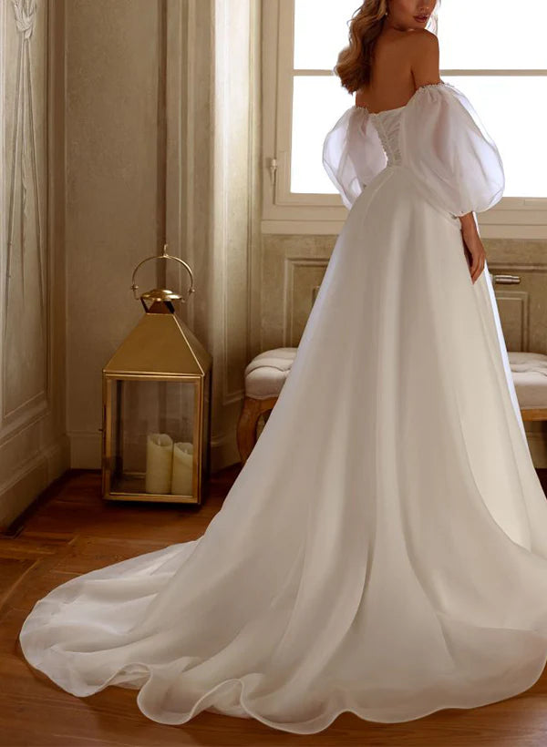 Luolandi Elegant Organza Wedding Dress With Beading And A-Line Silhouette Off Shoulder Floor Length