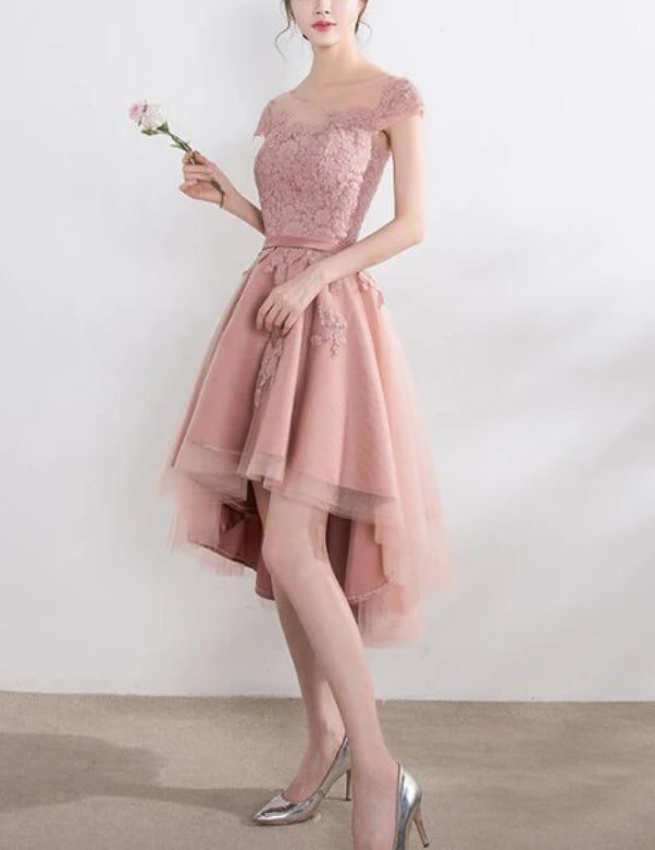 Luolandi Pink Lace Tulle Cap Sleeves Bridesmaid Dress Lovely Dark Pink Party Dress Cocktail Dress
