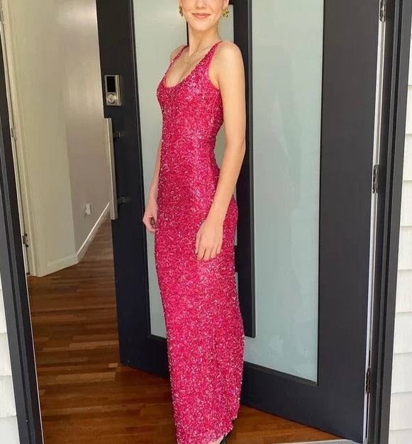Luolandi Fuchsia Spaghetti Straps Sequins Mermaid Long Party Dress Sparkly Evening Dress