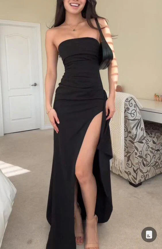 Luolandi Simple Black Strapless A-Line Ruffles Long Party Dress with Split Evening Dress
