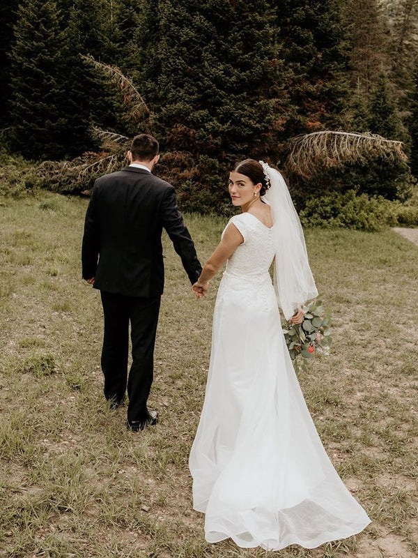 Luolandi Simple Short Sleeves Tulle A-Line Wedding Dresses Floor Length Elegant Bridal Gown