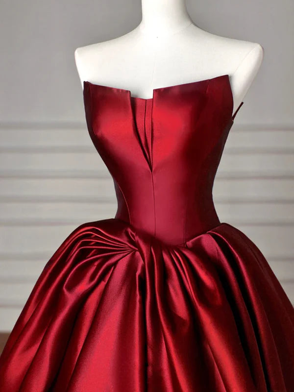 Luolandi Simple Satin Burgundy Strapless Floor-length Prom Dress Ballgown Off Shoulder Evening Dress