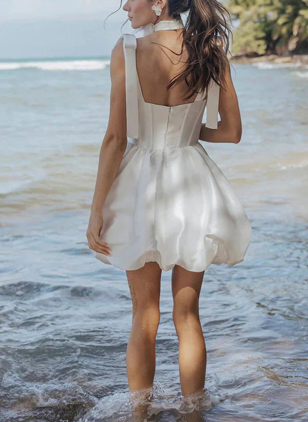 Luolandi Modern Sweetheart Sleeveless Satin Reception Wedding Dresses With Bow(s) Short Without Neck accessories