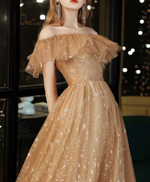 Luolandi Off Shoulder Champagne Tulle Long Party Dress A-line Lace-up Evening Gown Prom Dress