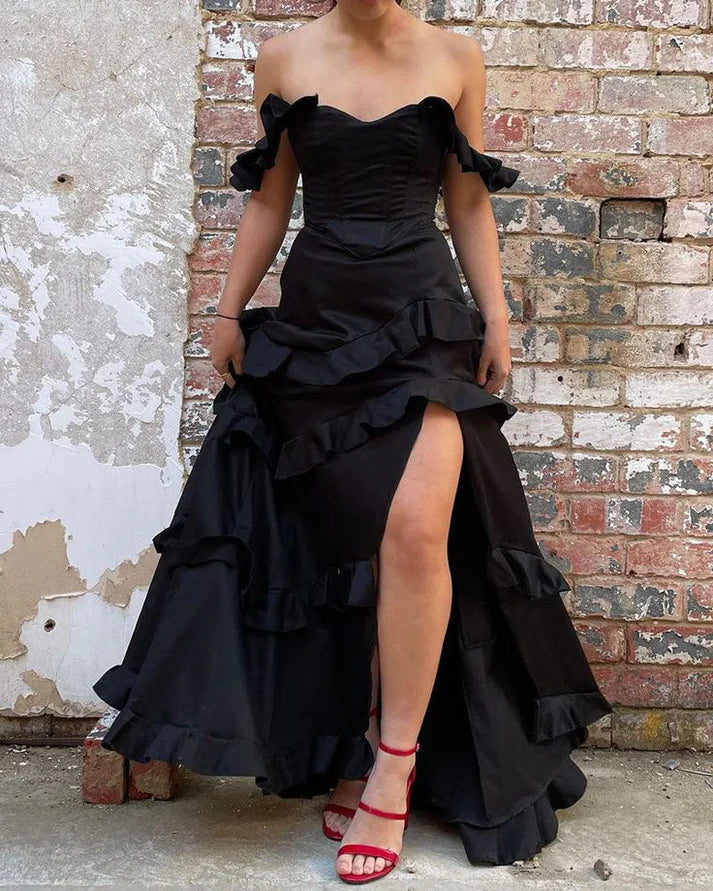 Luolandi Black Off Shoulder A-Line Ruffle Long Prom Dress with Slit Elegant Evening Dress Party Dress