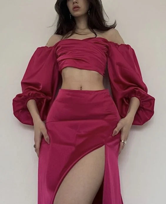 Luolandi Fuchsia 2 Pieces Satin Long Party Dress Birthday Outfits Off Shoulder Evening Dress