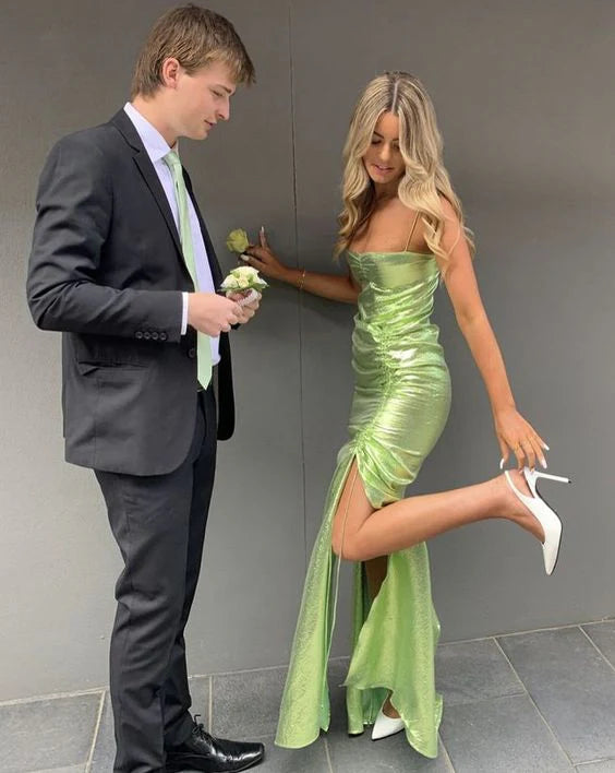 Luolandi Green Spaghetti Straps Long Prom Dress with Slit Sexy Party Dress Evening Dress