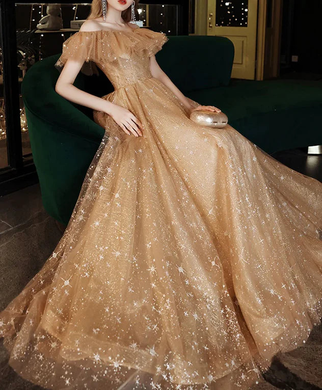Luolandi Off Shoulder Champagne Tulle Long Party Dress A-line Lace-up Evening Gown Prom Dress