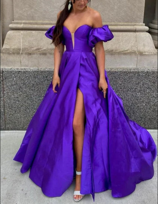 Luolandi Yellow Sweetheart A-Line Satin Long Prom Dress with Slit Sexy Evening Dress