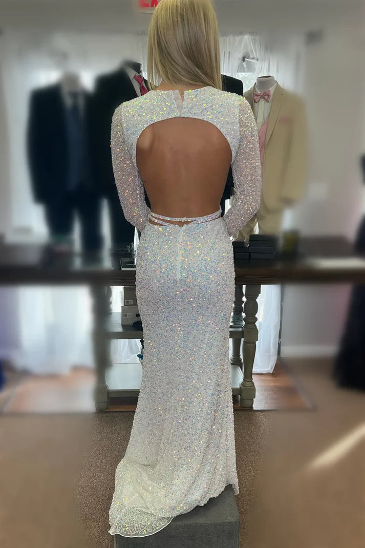Luolandi Sequins Long Sleeves Mermaid Cut-Out Long Prom Dress Sparkly Evening Dress