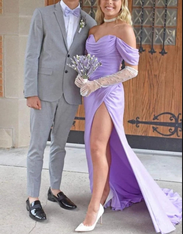 Luolandi Lavender Off the Shoulder Satin Long Formal Prom Dress Elegant Evening Dress No With Gloves