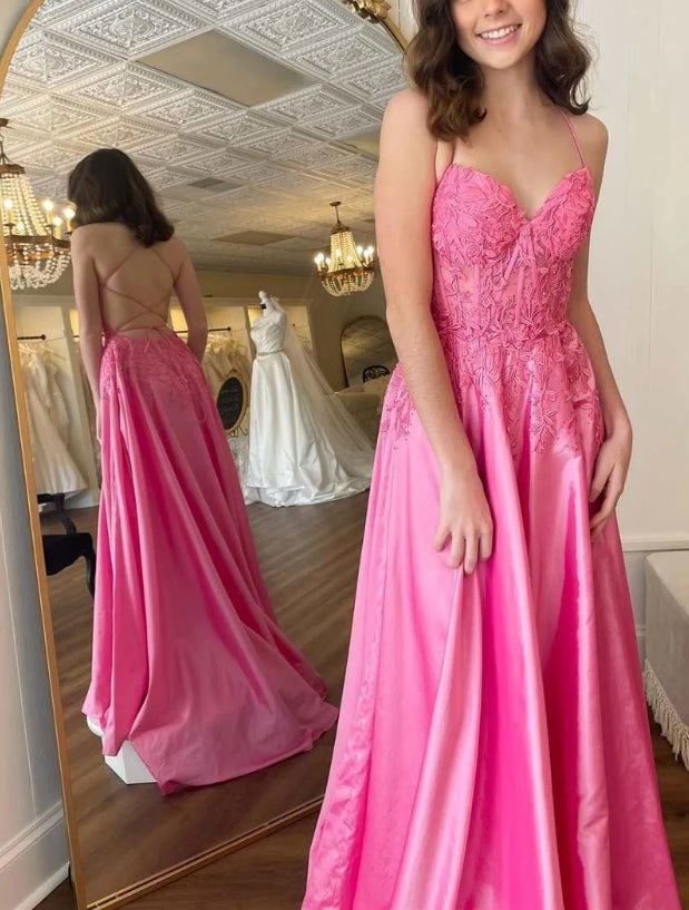 Luolandi Hot Pink Floral Appliques Lace-Up A-Line Prom Gown Elegant Evening Dress Charming