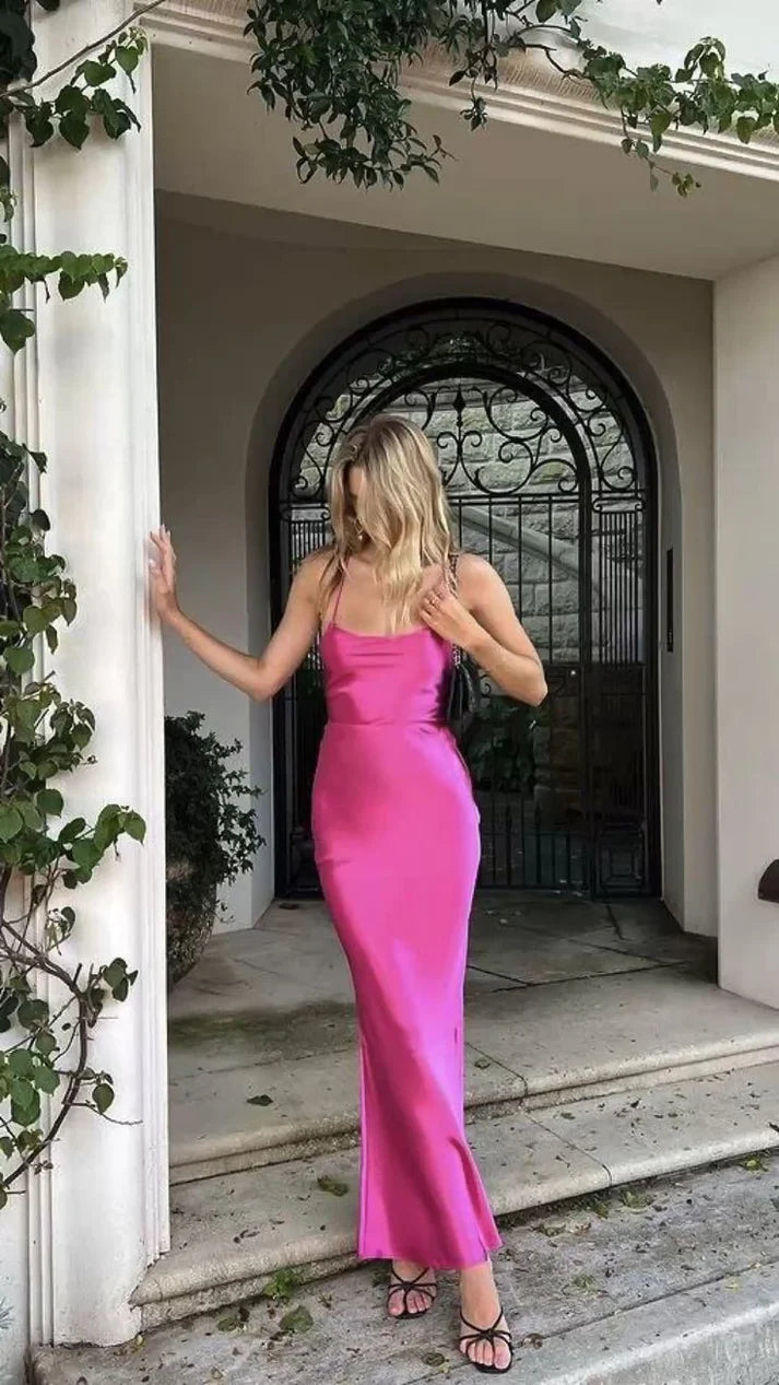Luolandi Fuchsia Spaghetti Straps Sheath Long Party Dress Wedding Guest Dress Simple Formal Dress