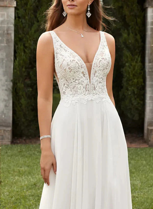 Luolandi A-Line V-Neck Sweep Train Chiffon Wedding Dress With Split Front Sexy Elegant