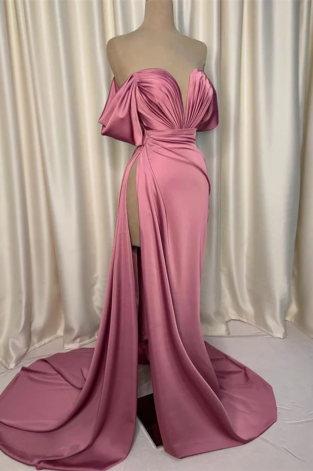 Luolandi Elegant Pink Evening Dress Charmeuse V Neck With Pleated Slit Off Shoulder Sexy