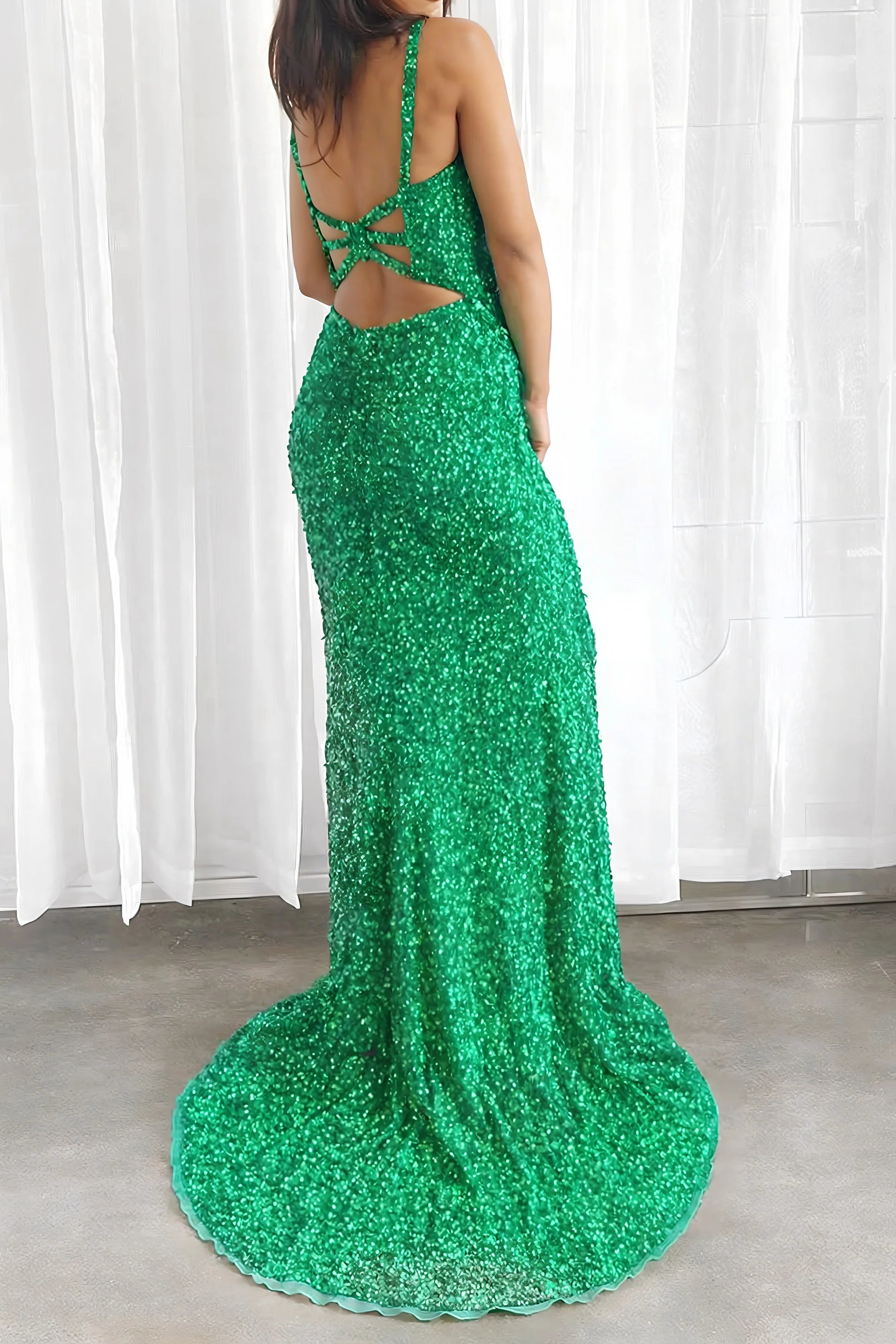 Luolandi Green Mermaid Evening Dress V-Neck Sequin Prom Dress With Slit Floor Length Sparkly