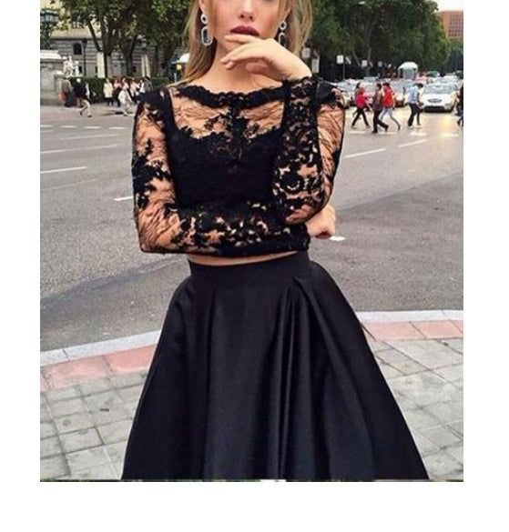 Luolandi A-line Bateau Floor-Length Satin Black Two Piece Prom Dresses Evening Dress