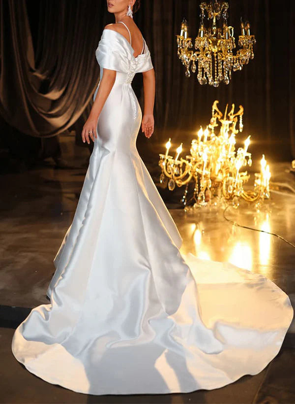 Luolandi Halter Sleeveless Trumpet Mermaid Sweep Train Satin Wedding Dresses Floor Length Sexy