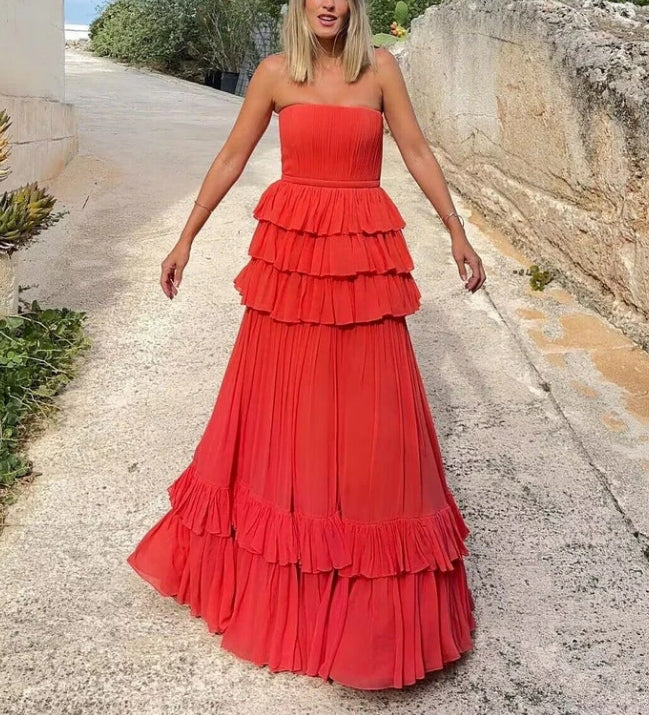 Luolandi A-Line Strapless Layers Elegant Long Party Dress Off Shoulder Elegant Evening Dress