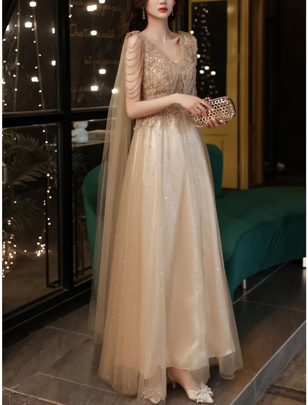 Luolandi A-Line Sheath / Column Mother of the Bride Dress Wedding Guest Party Sparkle & Shine Petite V Neck Ankle Length Tulle Sleeveless with Pleats Beading Sequin Fall Evening Dress